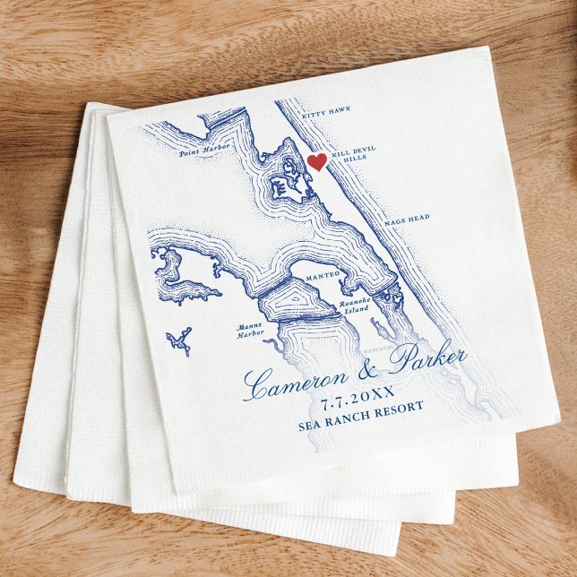 Serviette En Papier Carte de Kill Devil Hills Mariage OBX Bleu Marine (Kill Devil Hills NC Map Navy Blue Outer Banks Wedding Napkins from Coastal Map Designs)