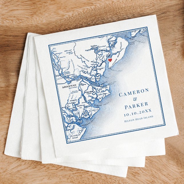 Serviette En Papier Carte de l'île de Hilton Head SC Élégant mariage b (HIlton Head Island SC Wedding Napkins customized with couples names and date in elegant navy blue)