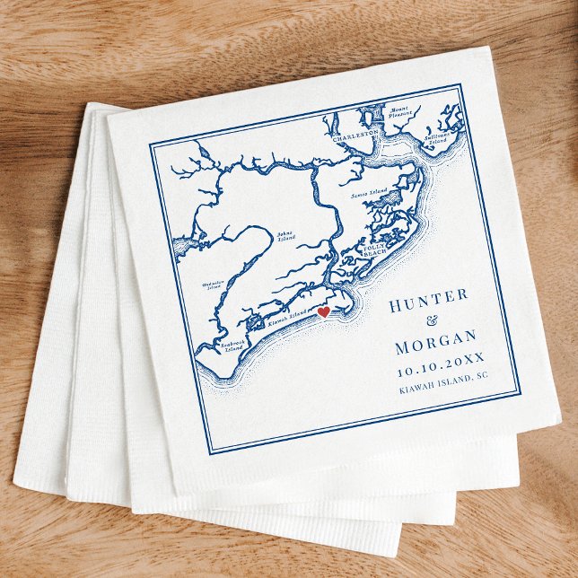 Serviette En Papier Carte de l'île de Kiawah SC Élégant Mariage bleu m (Kiawah Island SC Map Napkins for an Elegant Navy Blue Destination Wedding from Coastal Map Designs)