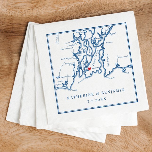 Serviette En Papier Carte de l'île de Newport Rhode Marine Mariage élé (These Newport, RI napkins are perfect for your Newport destination wedding in Narragansett Bay)