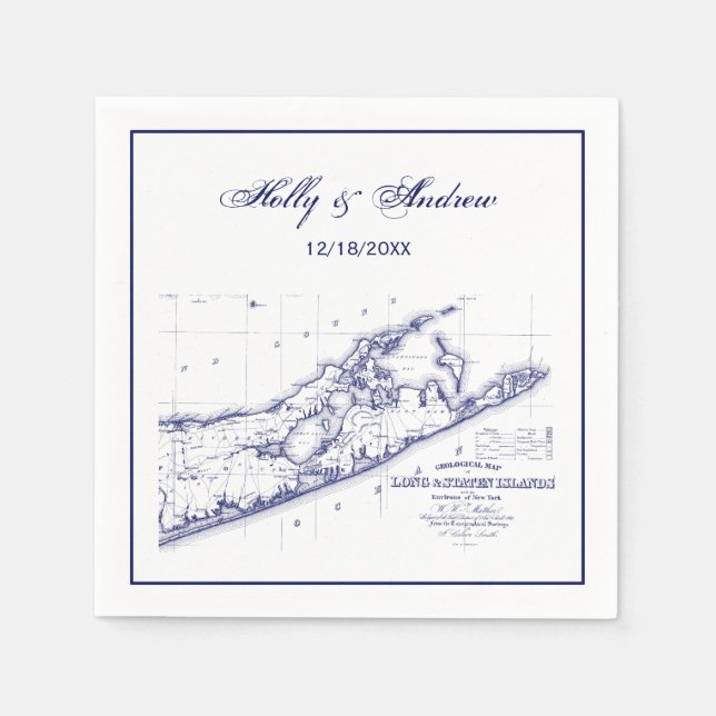Serviette En Papier Carte de Long Island The Hamptons Bleu Marine Mari (Devant)