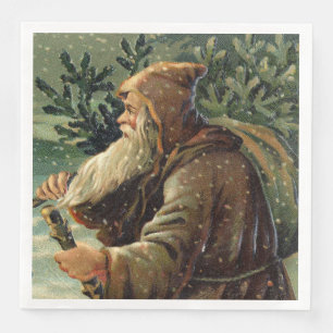 Serviette En Papier =Carte de Noël vintage, Père Noël et arbre