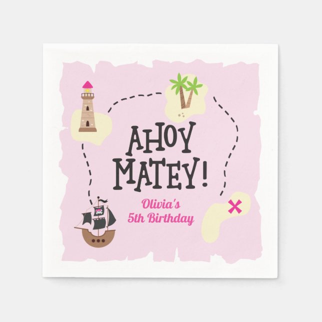 Serviette En Papier Carte de pirate rose Anniversaire (Devant)