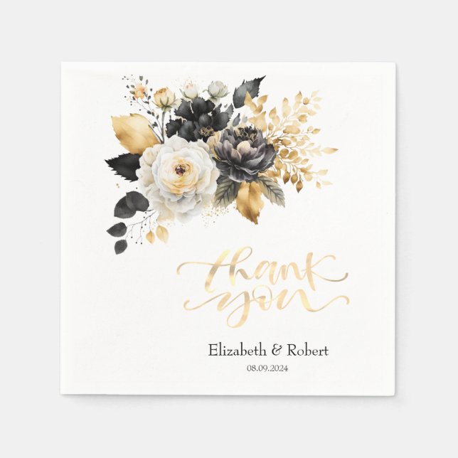 Serviette En Papier Carte de remerciements Noir Or (Devant)