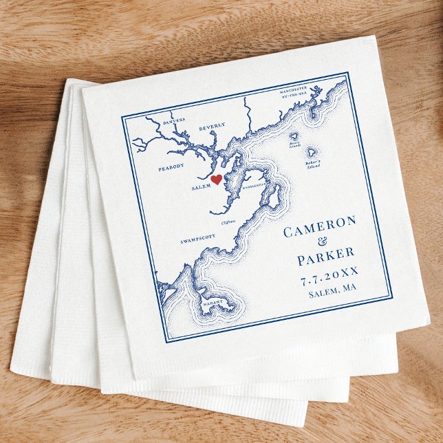 Serviette En Papier Carte de Salem MA Élégant Mariage bleu marine (Salem MA Map Wedding cocktail napkins in elegant navy blue from Coastal Map Designs)