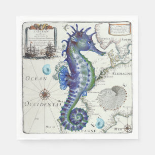 Serviette En Papier Carte de Seahorse bleu Vintage