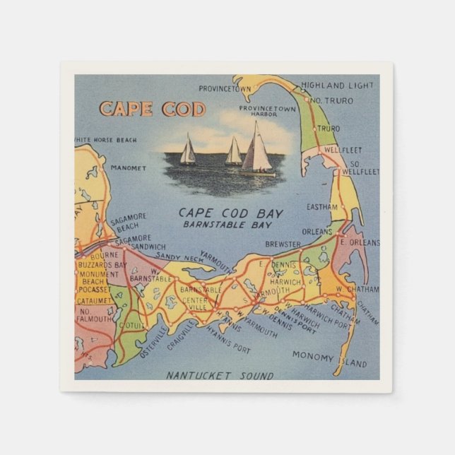 Serviette En Papier Carte du Massachusetts Old Cape Cod (Devant)