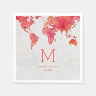 Serviette En Papier Carte du monde aquarelle Destination Mariage Monog