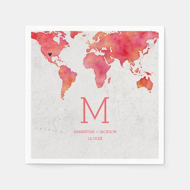 Serviette En Papier Carte du monde aquarelle Destination Mariage Monog (Devant)