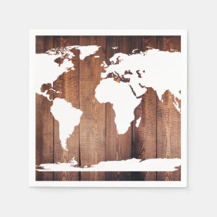 Serviette En Papier Carte du monde en bois foncé blanc et rustique