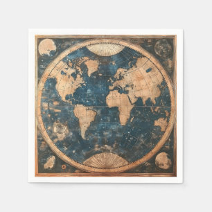 Serviette En Papier Carte du monde vintage bleu et or double hémisphèr
