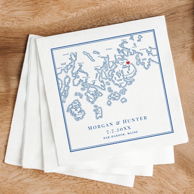 Serviette En Papier Carte du port du Maine Marine Mariage élégant (Bar Harbor Maine Map Wedding Napkins in Elegant Navy blue with Penobscot Bay by Coastal Map Designs)