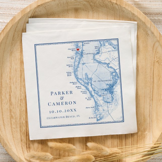 Serviette En Papier Carte FL de Clearwater Beach Elégant Mariage bleu  (Clearwater Beach FL Wedding Cocktail Napkins in Elegant navy blue from Coastal Map Designs)