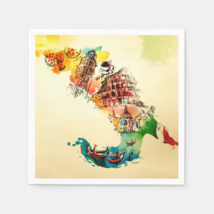 Serviette En Papier Carte Italie vintage City Travel Love Aquarelle
