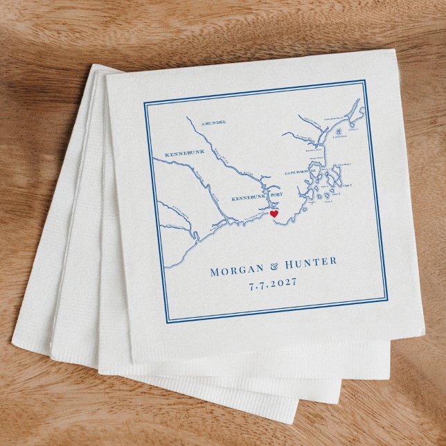 Serviette En Papier Carte Kennebunkport Maine Marine Mariage élégant (Kennebunkport Maine Map napkins custom made for a wedding at Nonantum Resort.)