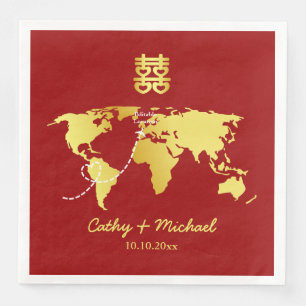 Serviette En Papier Carte rouge et or destination mariage chinois
