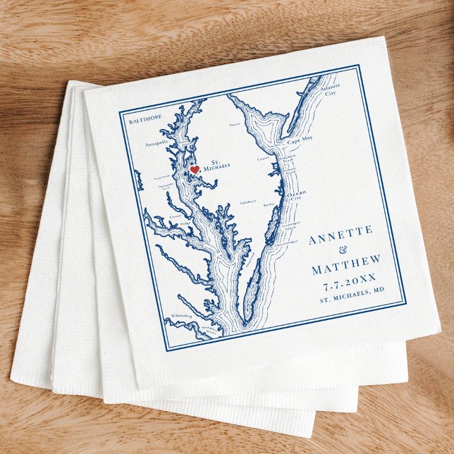 Serviette En Papier Carte St. Michaels MD Élégant Mariage bleu marine (St Michaels Maryland Map Wedding Napkins for an elegant navy blue Saint Michaels Wedding )