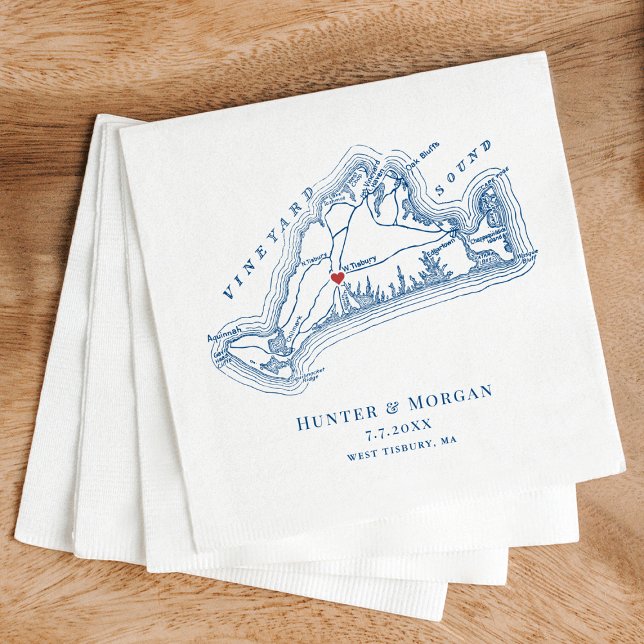 Serviette En Papier Carte West Tisbury Élégant Mariage bleu marine (West Tisbury Martha's Vineyard Map Wedding Napkin in Elegant Navy Blue by Coastal Map Designs)