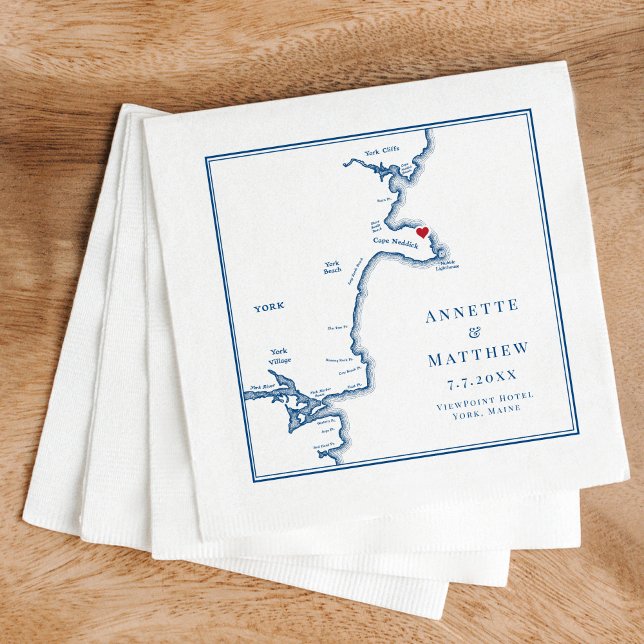 Serviette En Papier Carte York Maine Mariage élégant (These York Maine Wedding napkins are perfect for your coastal Maine destination wedding)