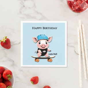 Serviette En Papier Cartoon Bébé Cochon Planche à roulettes, Anniversa