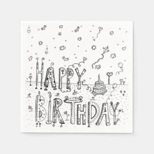 SERVIETTE EN PAPIER CARTOON CUTE JOYEUX ANNIVERSAIRE NOIR COULEUR D'EN