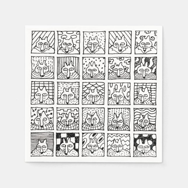 Serviette En Papier Cartoon Foxes Faces Squares Drawing (Devant)