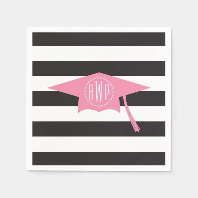 Serviette En Papier Casquette de graduation rose monogramme + bandes n (Devant)