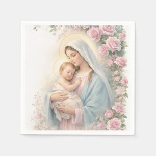 Serviette En Papier Catholic Jésus bébé et Vierge Marie florale rose