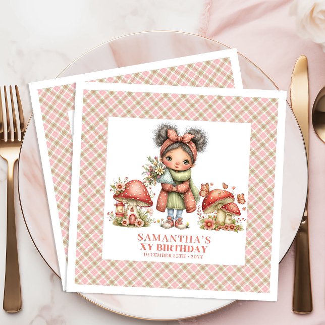 Serviette En Papier Célébration d'anniversaire Fée de la Forêt Enchant (Enchanted Forest Fairy Pink Birthday Celebration Napkins)