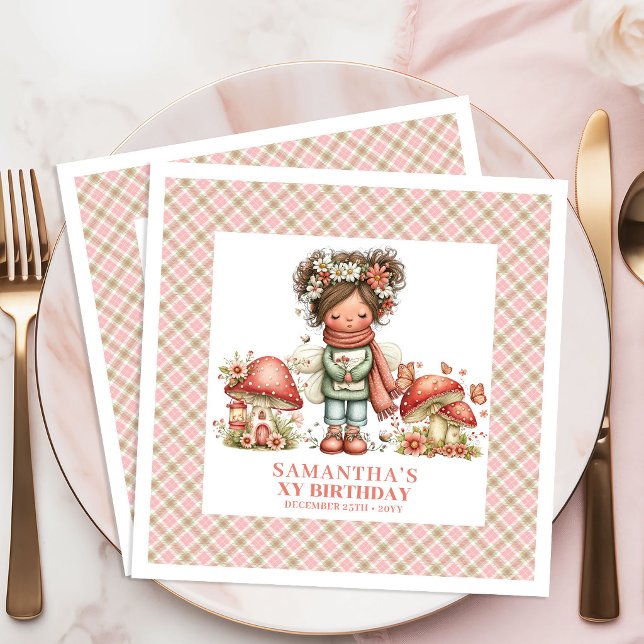 Serviette En Papier Célébration d'anniversaire Fée de la Forêt Enchant (Enchanted Forest Fairy Pink Birthday Celebration Napkins)