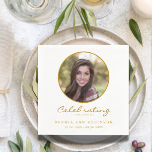 Serviette En Papier Célébration de la vie Photo Gold Script Funéraille