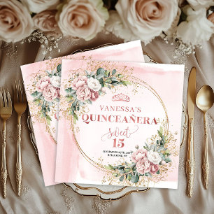 Serviette En Papier Célébration de Sweet 15 aux fleurs de verdure rose