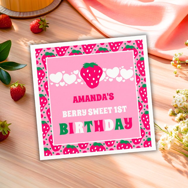 Serviette En Papier Célébration du premier anniversaire de fraise (Créateur téléchargé)