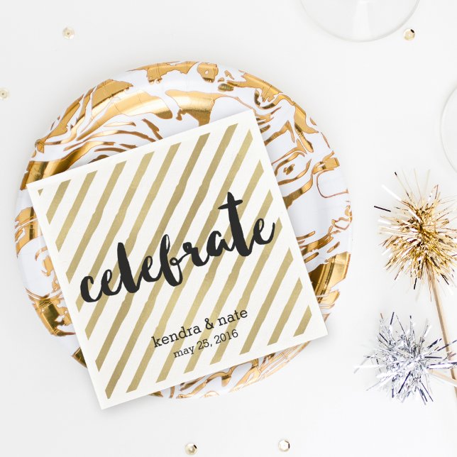 Serviette En Papier Célébrer | Faux Gold Stripe Mariage Anniversaire (Créateur téléchargé)