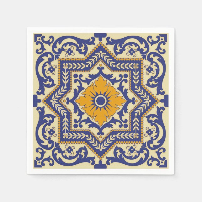 Serviette En Papier Céramique Azulejo Style Naples bleu orange (Devant)