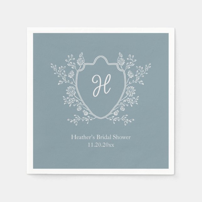 Serviette En Papier Cérémonie de mariage bleu monogramme Regency Crest (Devant)