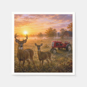 Serviette En Papier Cerf à queue blanche avec tracteur agricole rouge