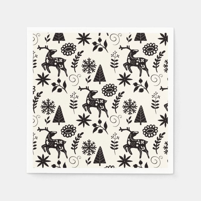 Serviette En Papier Cerf d'art populaire forêt noir et blanc  (Devant)