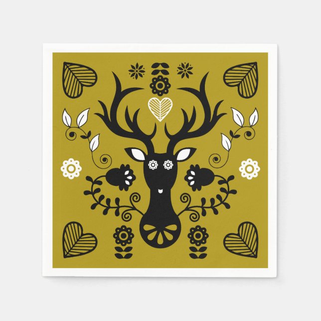 Serviette En Papier Cerf d'art populaire scandinave moderne (Devant)