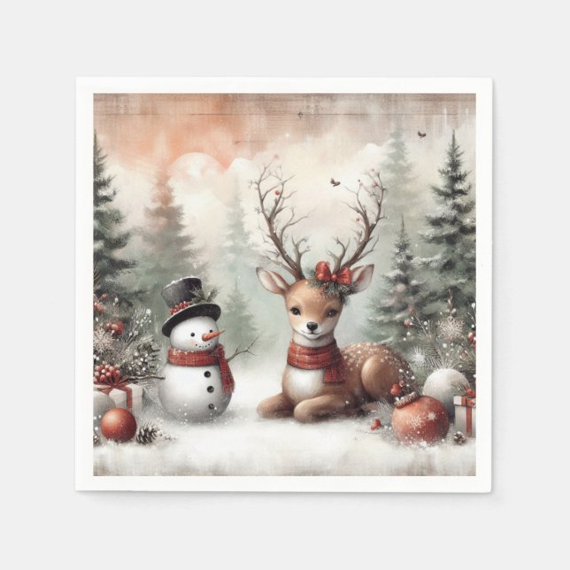 Serviette En Papier Cerf de Noël/bonhomme de neige en bois classique (Devant)