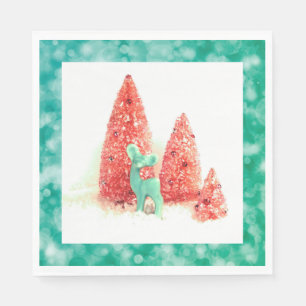 Serviette En Papier Cerf de Noël rétro avec cadre Aqua