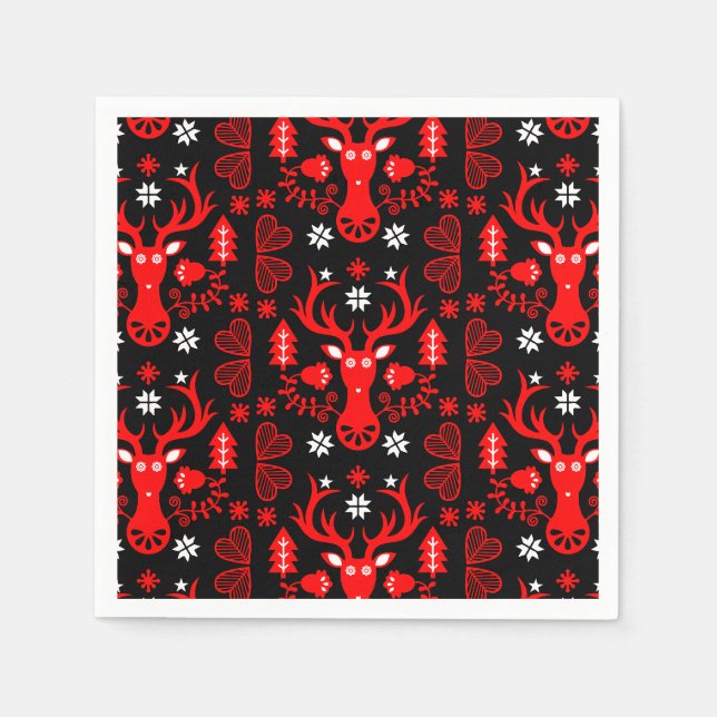 Serviette En Papier Cerf de Noël rouge scandinave (Devant)