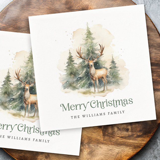 Serviette En Papier Cerf et sapins Joyeux Noël nom (Stag and Christmas trees Merry Christmas name Napkins)