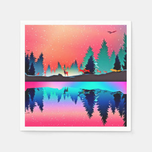 Serviette En Papier Cerf forêt boisée montagne aurore boréale