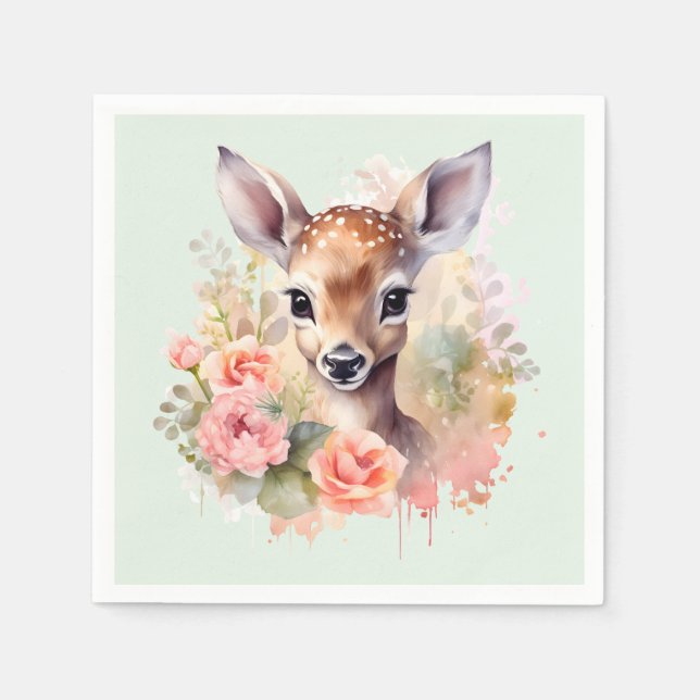 Serviette En Papier Cerf Mignon Entouré de Roses (Devant)