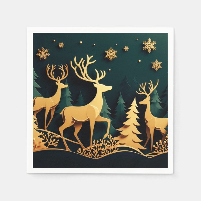 Serviette En Papier Cerfs de Noël dorés (Devant)