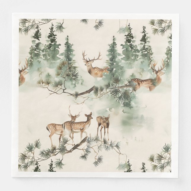 Serviette En Papier Cerfs rustiques et conifères  (Devant)