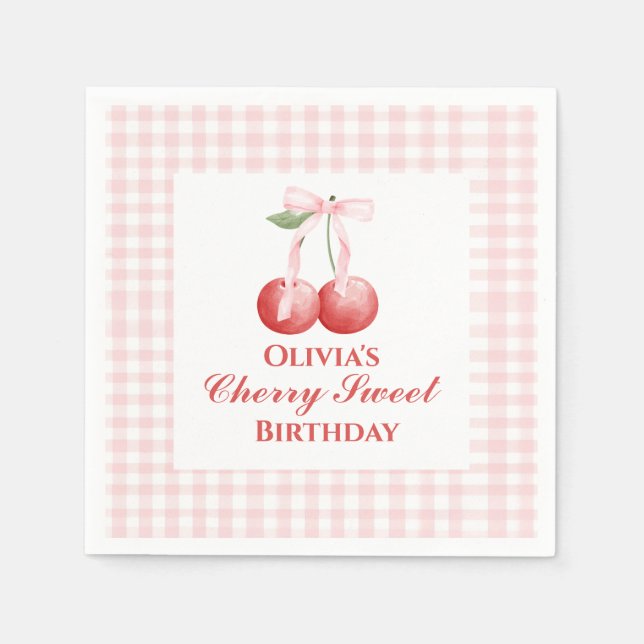 Serviette En Papier Cerise Douce anniversaire Ruban Rose Gingham (Devant)