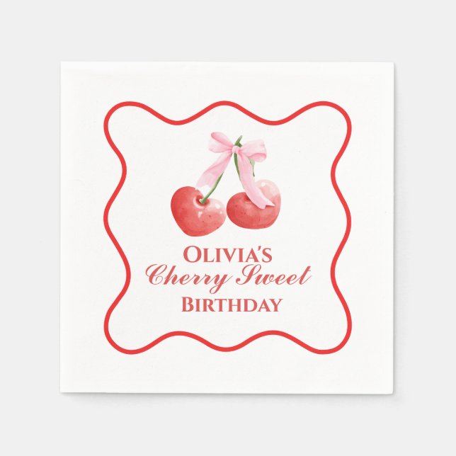 Serviette En Papier Cerise Douce anniversaire Ruban Rose Gingham (Devant)