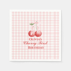 Serviette En Papier Cerise premier anniversaire Ruban Rose Gingham